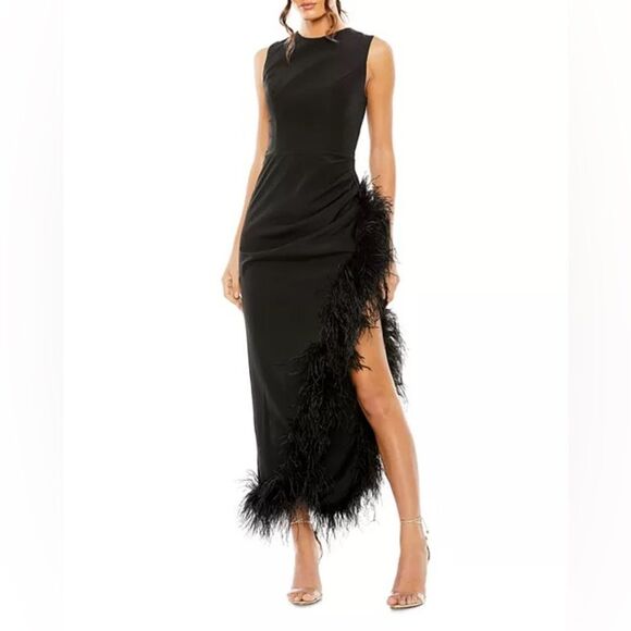MAC DUGGAL 11626 Black Sleeveless Faux Wrap Dress with Feather Detail - Picture 2 of 12